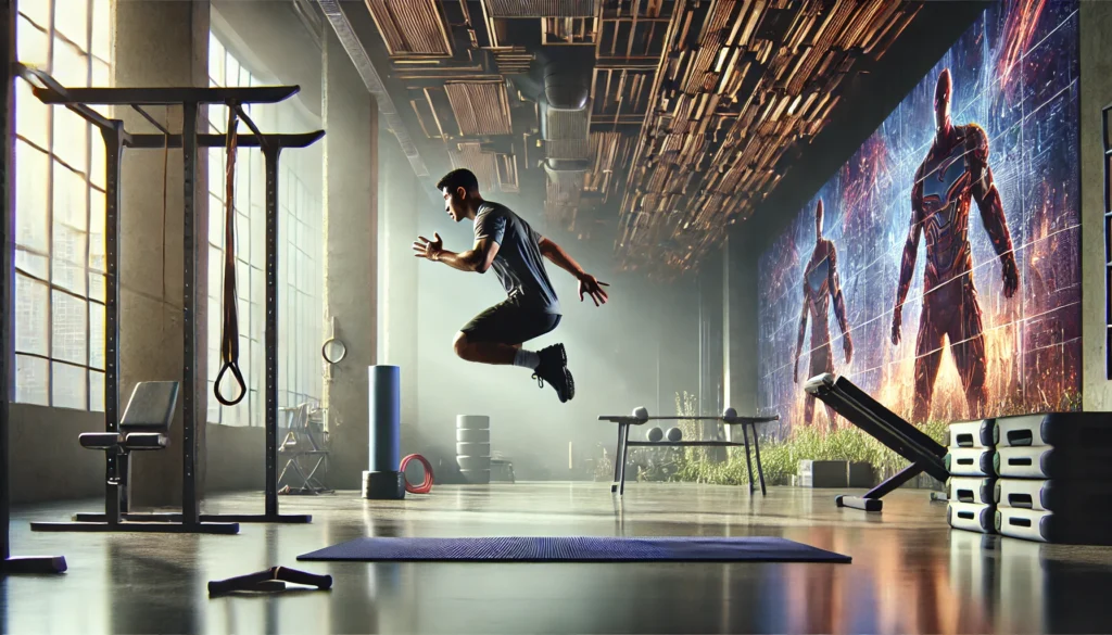 A fit athlete executing plyometric push-ups mid-air in a spacious home gym. The background includes a yoga mat, resistance bands, and natural lighting, showcasing upper body strength and explosive movement.