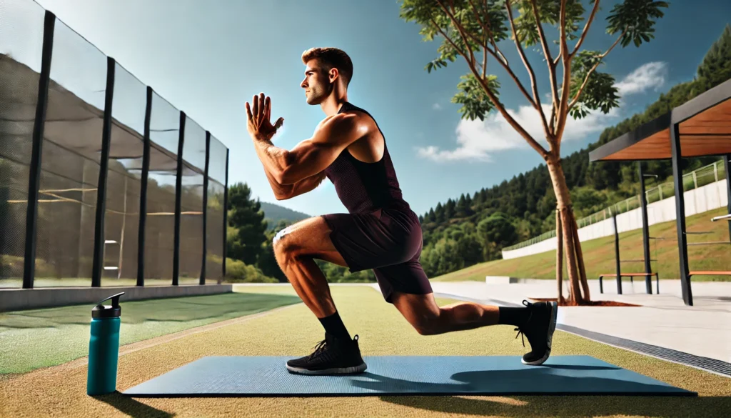 A muscular athlete performing an advanced one-leg pistol squat on a yoga mat in an outdoor park. The bright sky, trees, and clean workout space highlight lower body strength and balance using only bodyweight.