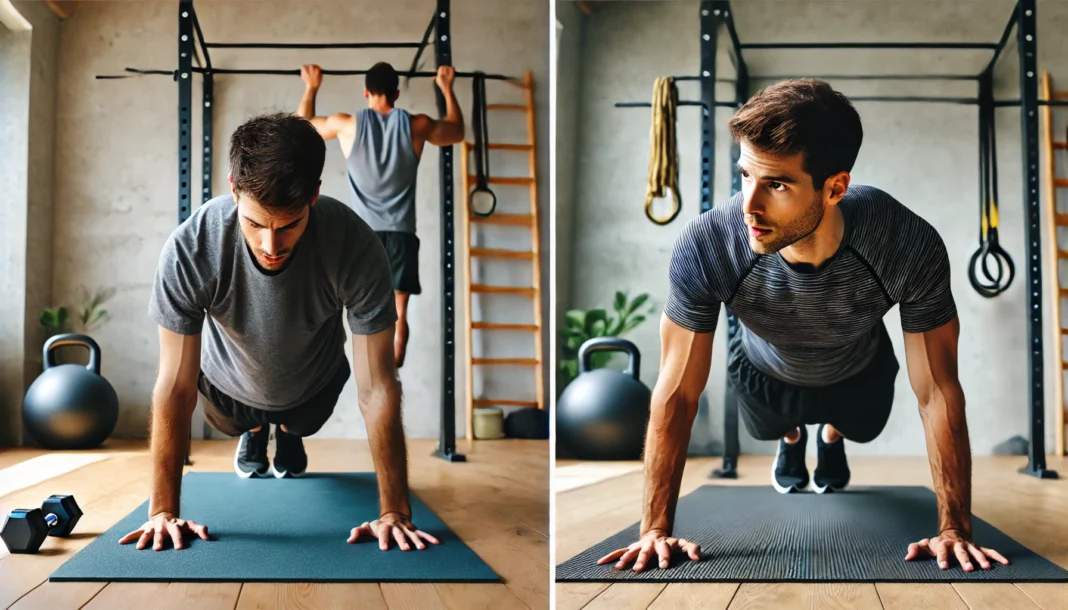 A side-by-side transformation of a man performing push-ups at home. On the left, he struggles with the movement, while on the right, he executes a perfect push-up with increased strength and muscle definition. The background remains consistent with a yoga mat, resistance bands, and natural lighting.