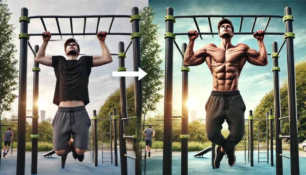 A before-and-after comparison of a man doing pull-ups. On the left, he struggles to lift himself, while on the right, he completes a perfect pull-up with defined muscles and greater endurance. The background includes pull-up bars, trees, and a bright sky.