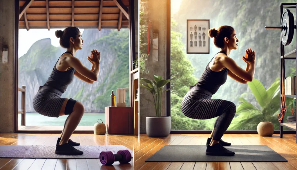 A woman’s progression in bodyweight squats at home. On the left, she struggles with form, while on the right, she performs a deep squat with improved posture and visible muscle tone. The home gym setting remains unchanged with a yoga mat, resistance bands, and bright natural light.