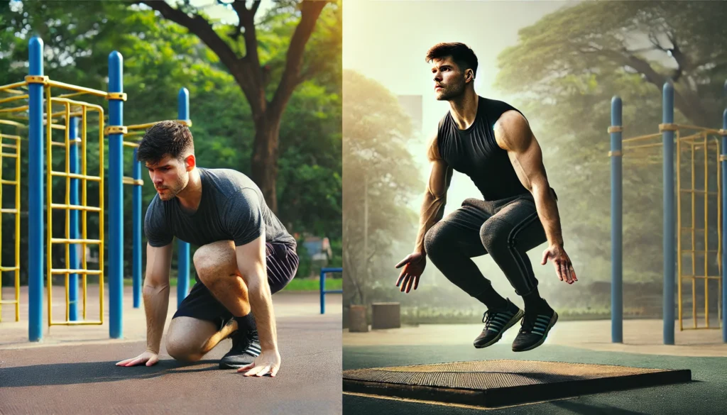 A before-and-after image of a man performing burpees outdoors. On the left, he appears less fit and struggles with the movement, while on the right, he performs a powerful burpee with visible muscle tone and increased endurance. The park setting with trees and an open workout space remains consistent.