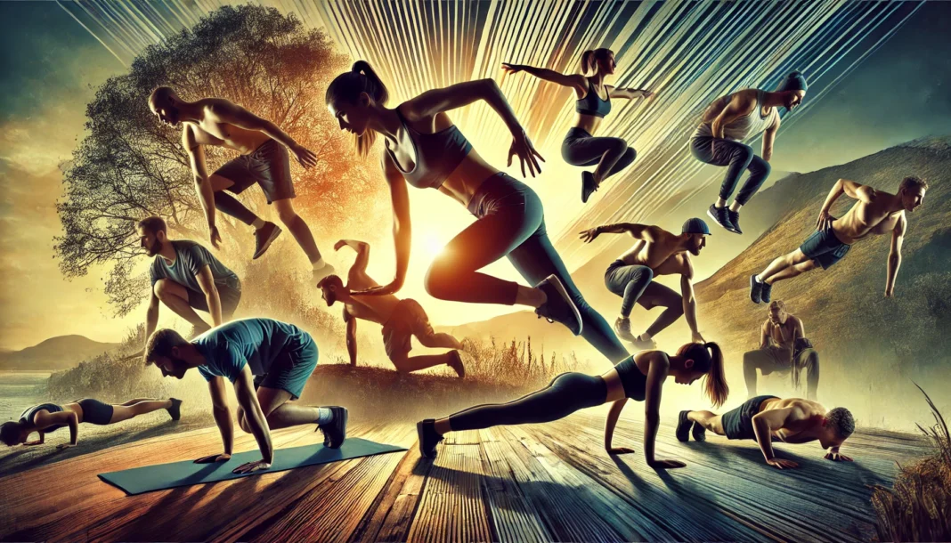 A dynamic outdoor collage of individuals performing bodyweight exercises, including push-ups, handstands, squats, and yoga stretches, against a sunrise-lit natural landscape.