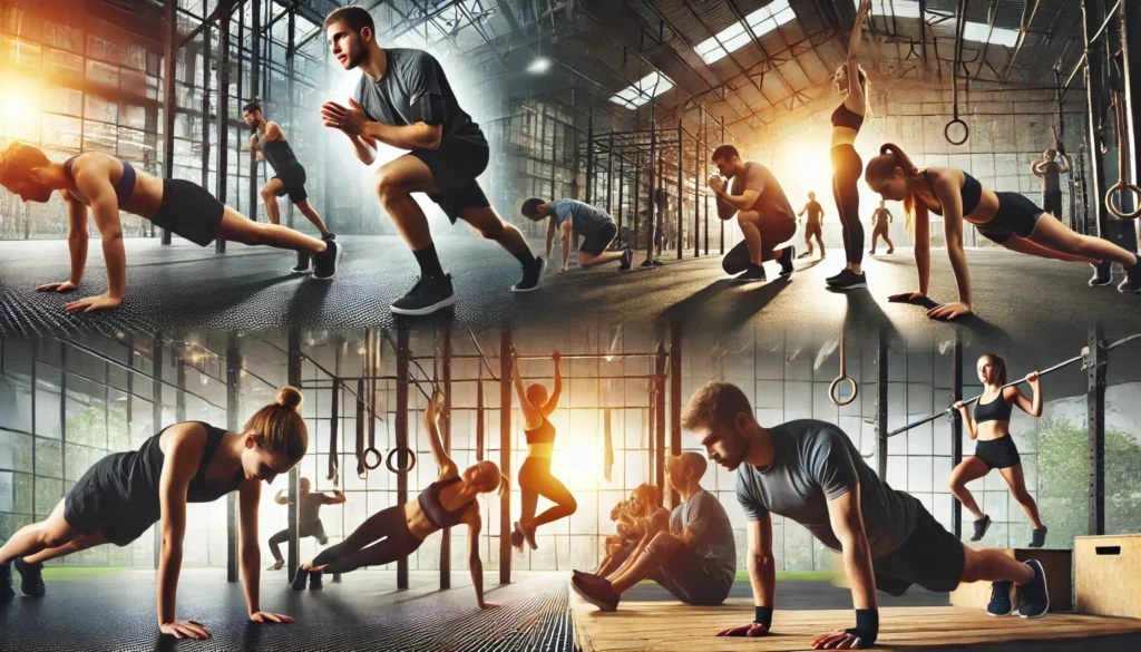 A high-energy indoor gym montage featuring people engaged in bodyweight training, including planks, lunges, pull-ups, and sit-ups, emphasizing fitness and strength-building.