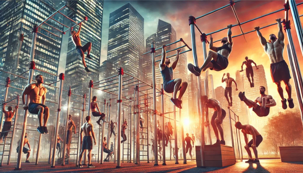 A visually striking urban calisthenics park scene showcasing athletes performing advanced bodyweight exercises like muscle-ups and human flags on parallel bars at sunset.