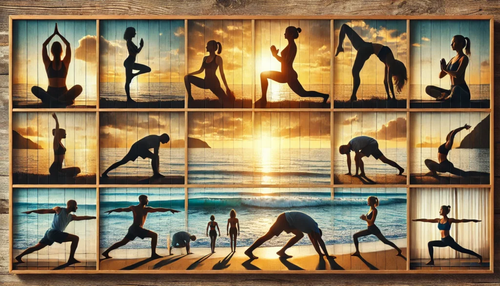 A peaceful beach setting at sunrise with individuals practicing bodyweight yoga and flexibility exercises, such as downward dog and backbends, promoting balance and relaxation.