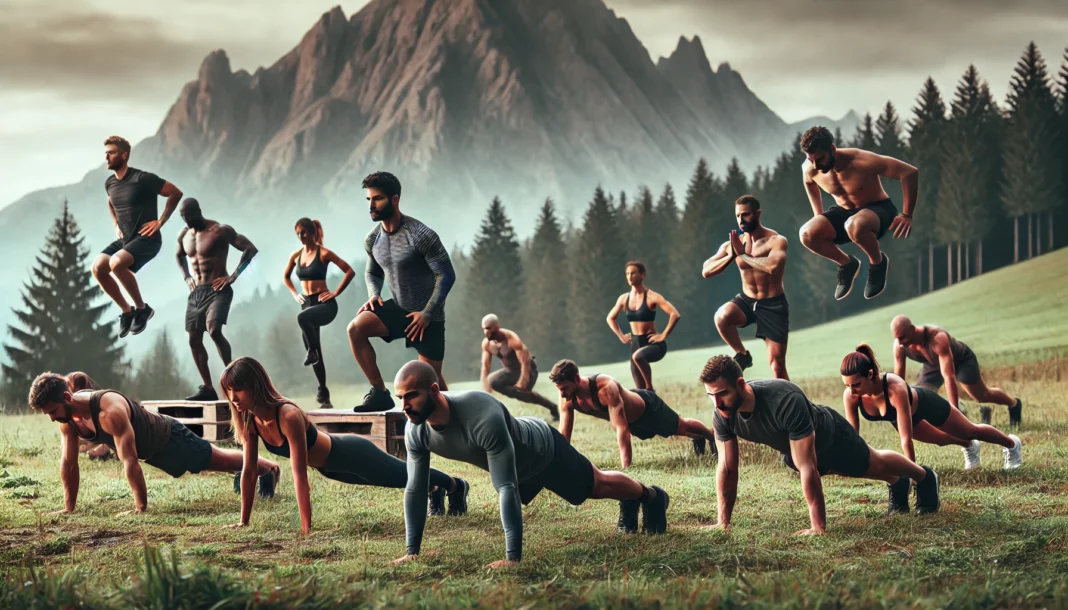 A powerful outdoor workout scene of individuals performing full-body bodyweight exercises, including push-ups, burpees, squats, and lunges, in a scenic mountain landscape.