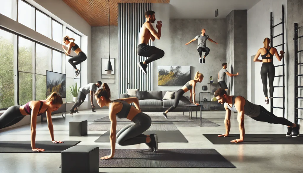 A modern indoor home workout session featuring people engaged in bodyweight exercises such as push-ups, jumping squats, high knees, and mountain climbers on yoga mats.