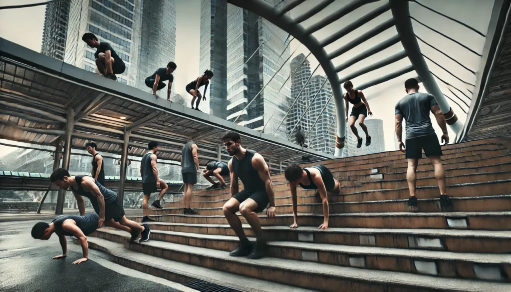 An intense urban fitness scene with athletes doing full-body bodyweight exercises, including push-ups, dips, and box jumps, on concrete stairs with a city skyline backdrop.