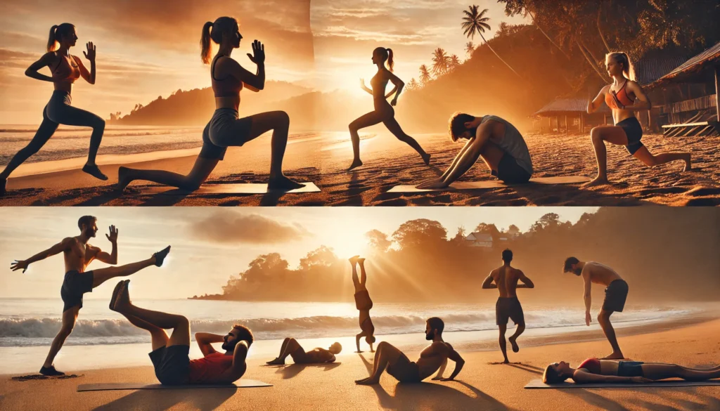 A peaceful beach workout at sunrise with individuals practicing bodyweight yoga, stretching, and core exercises like sit-ups and leg raises on the sand for strength and conditioning.