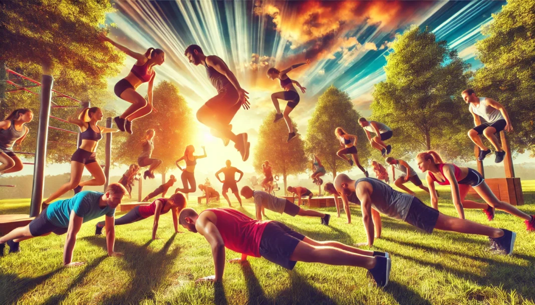 A high-energy outdoor park scene with individuals participating in a bodyweight fitness challenge, performing push-ups, burpees, squats, lunges, and planks in a group workout.