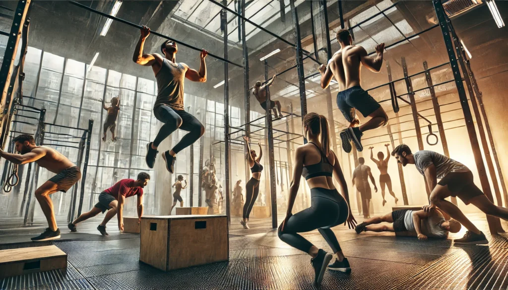 An intense indoor fitness challenge with participants performing bodyweight exercises like pull-ups, planks, and jumping lunges in a modern gym, pushing their endurance and strength.