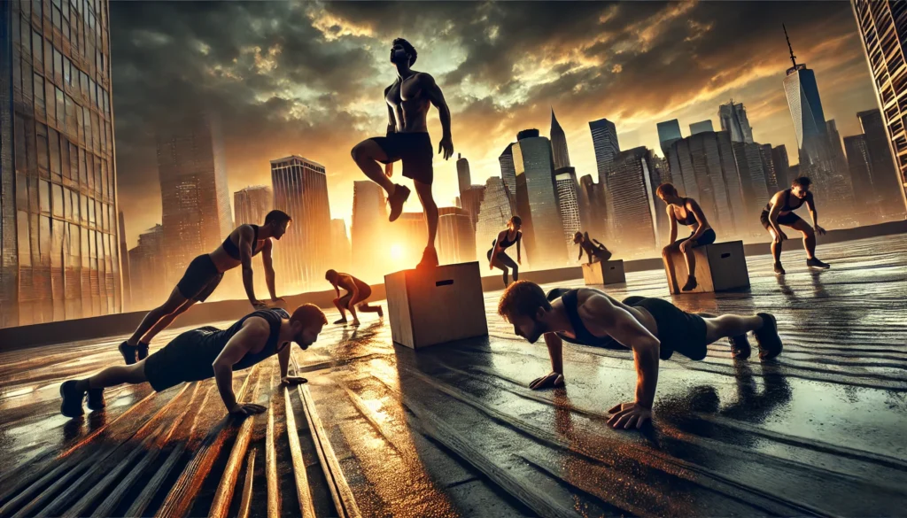 A dramatic rooftop workout at sunset, featuring athletes performing push-ups, box jumps, dips, and sprints with a city skyline backdrop, symbolizing determination and transformation.