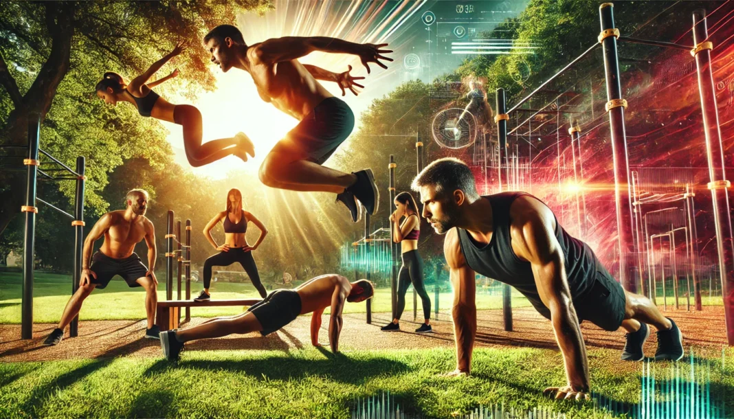 A powerful outdoor bodyweight workout session featuring individuals performing push-ups, dips, lunges, and explosive jump squats in a lush green park, emphasizing strength and endurance.