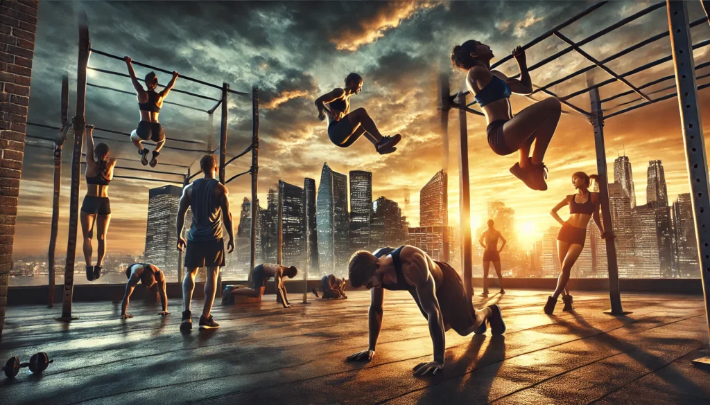 A dramatic rooftop fitness session at sunset, showcasing athletes performing muscle-ups, handstand push-ups, and explosive pull-ups against a vibrant city skyline, highlighting advanced bodyweight training.