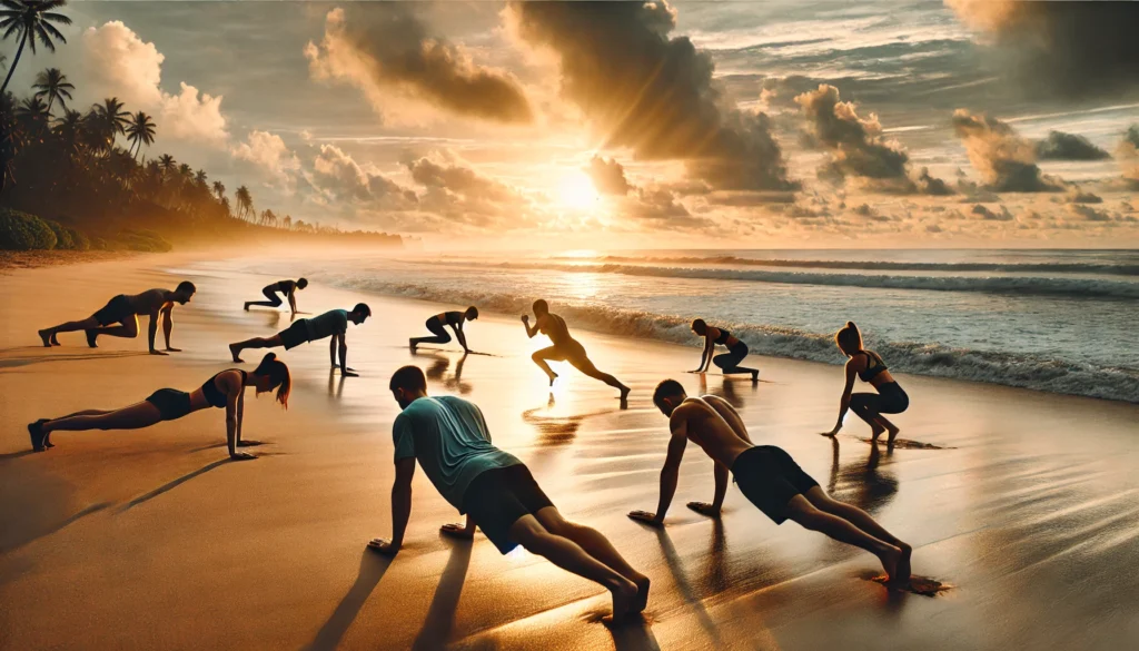 A serene yet intense beach workout at sunrise, featuring individuals performing push-ups, lunges, and core exercises on the sand with ocean waves in the background, focusing on strength and flexibility.