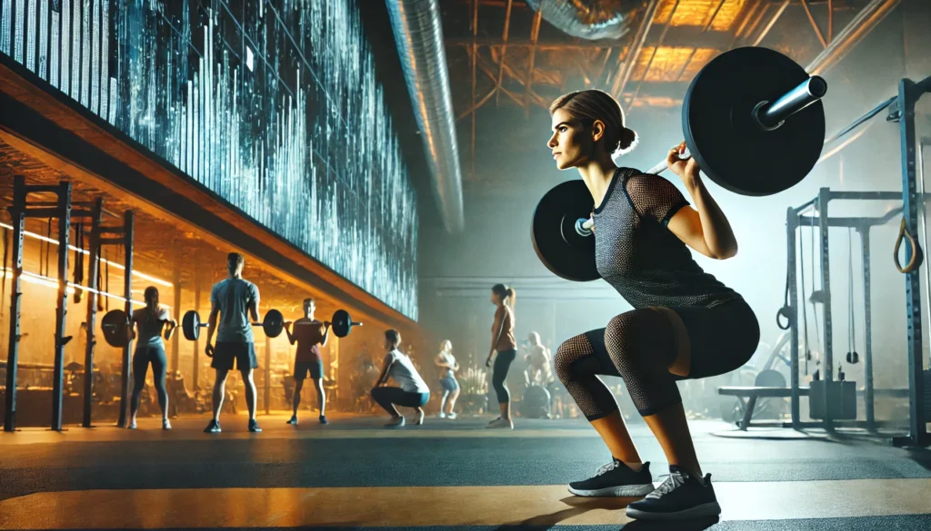 A strong and athletic woman executing a deep squat with a barbell in a professional gym. She maintains perfect form, showcasing endurance and power. The background features high-quality fitness equipment and other gym-goers in a dynamic setting.