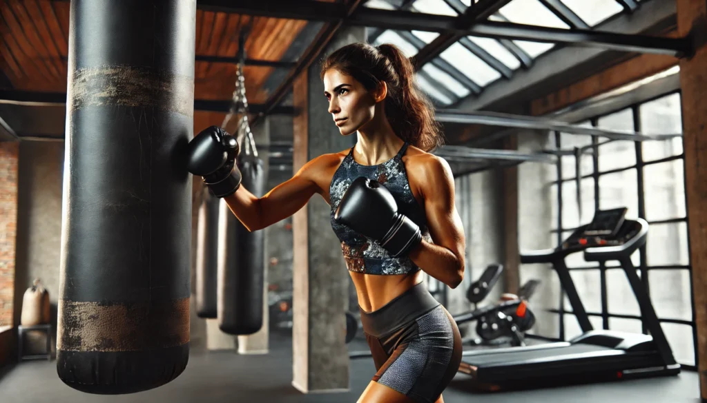 A fit and determined woman practicing boxing with a heavy punching bag in a modern gym. She is wearing black boxing gloves, a stylish patterned sports bra, and athletic shorts. The gym has an industrial-style design with large windows allowing natural light to enter, multiple punching bags hanging from the ceiling, and fitness equipment visible in the background.