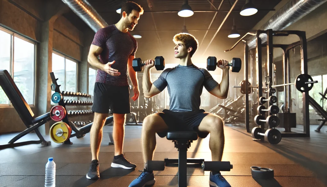 A beginner male lifter performing a dumbbell bench press in a gym under the guidance of a trainer. The well-lit gym features various weightlifting equipment in the background.