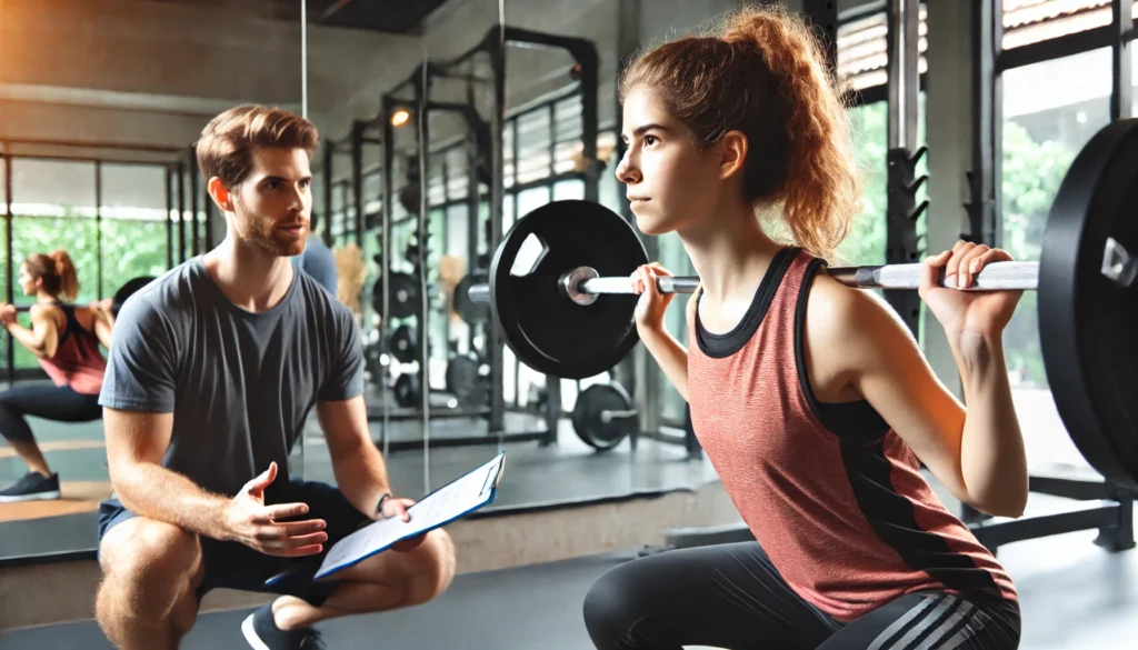 A beginner female lifter executing a barbell squat with a personal trainer observing her form. The gym is equipped with mirrors and strength training equipment.