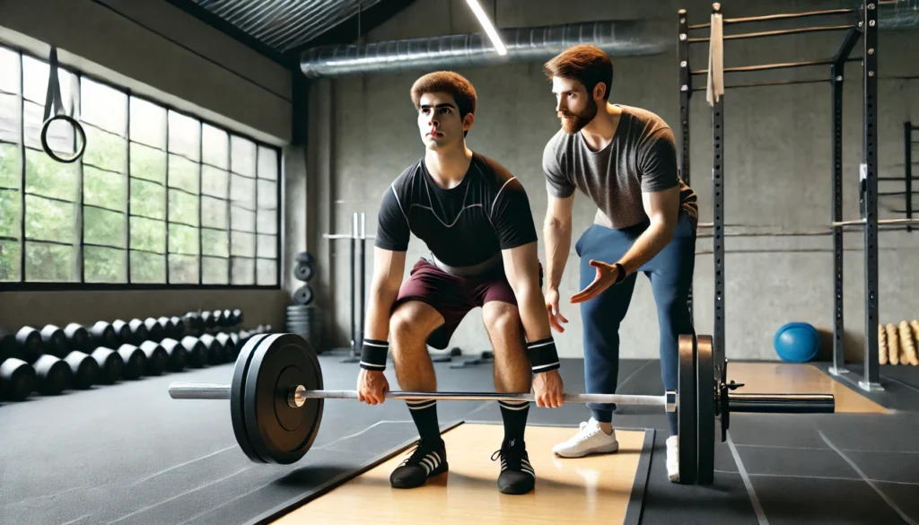 A beginner male lifter practicing deadlifts with a barbell while a coach assists. The gym has rubber flooring and weightlifting platforms for safe training.