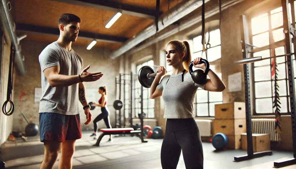 A beginner female lifter performing a kettlebell swing in a spacious gym. A trainer provides guidance, and various workout stations can be seen in the background.