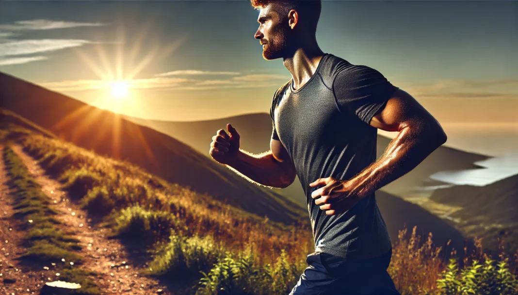 A muscular man running on a scenic outdoor trail at sunrise, showcasing endurance and performance with sweat droplets emphasizing intense cardiovascular exercise.