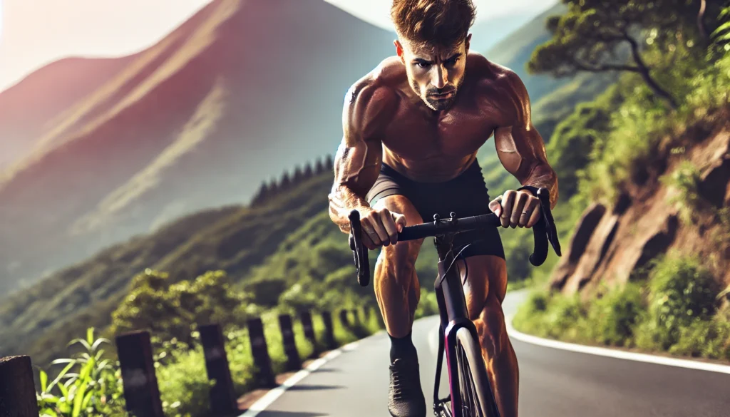 A fit man cycling on a challenging uphill road, surrounded by lush greenery and mountains, highlighting cardiovascular endurance and peak athletic performance.