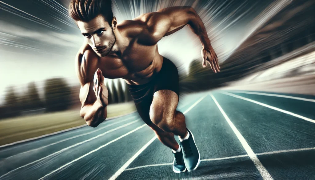 A strong and focused man sprinting on a professional track, with muscles engaged and motion blur emphasizing speed and cardiovascular endurance.