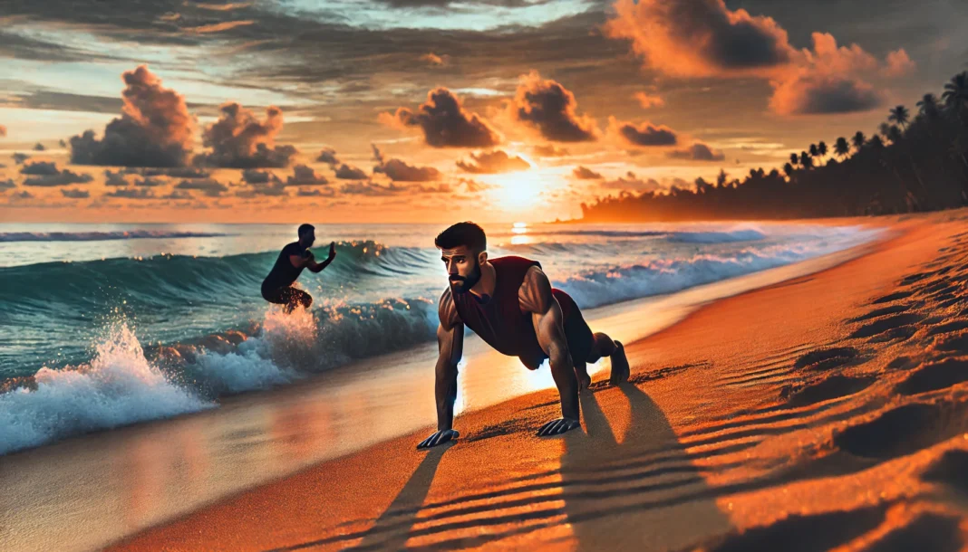 A fit man doing push-ups and a woman performing jumping squats on a sandy beach at sunrise. Waves crash in the background under a sky with warm orange and cool blue hues.