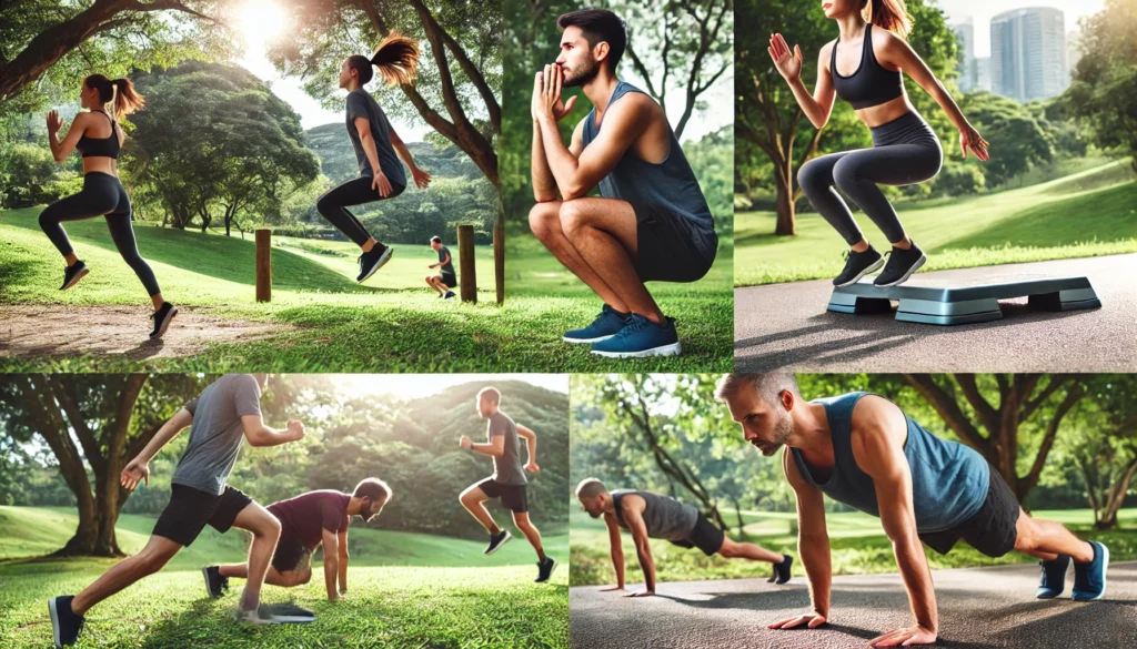 An outdoor full-body workout session in a scenic park. One athlete does jumping squats, another performs mountain climbers, a third engages in planks, and someone is running in place, emphasizing an energetic and refreshing workout in nature.