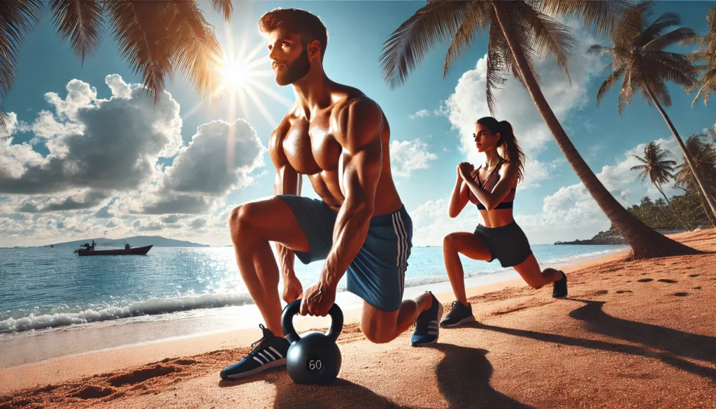 A muscular man lifting a kettlebell and a woman doing lunges with dumbbells on a sunlit beach. The ocean sparkles in the background, and palm trees sway in the breeze.