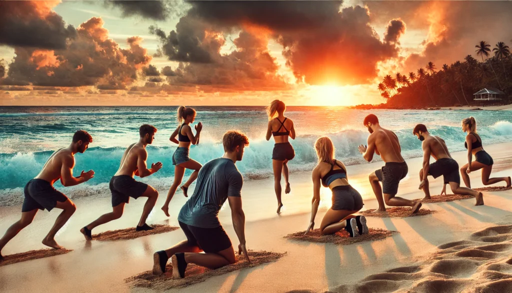 A group of athletic individuals performing high-intensity interval training (HIIT) exercises like burpees and jumping lunges on a tropical beach. Waves crash nearby as the sun sets, casting a golden glow.