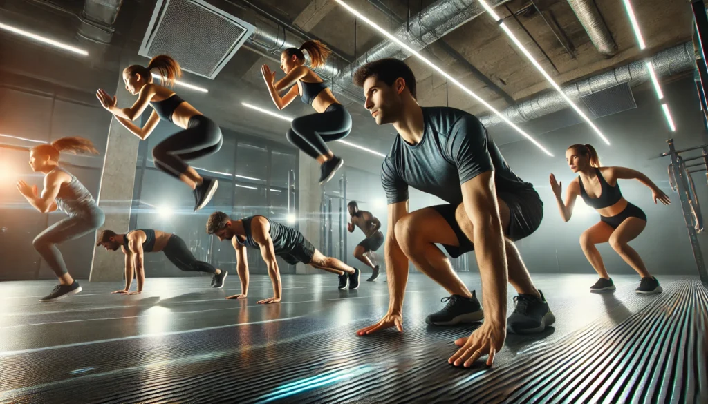 A high-intensity bodyweight workout session in a modern fitness studio. One individual performs burpees, another does jump lunges, a third is engaged in fast-paced mountain climbers, and someone executes a plank with shoulder taps. The environment is sleek, well-lit, and full of energy, emphasizing quick and effective full-body exercises.