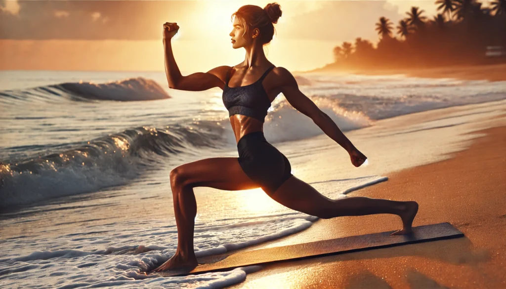 A strong and toned woman practicing yoga in a warrior pose on a beach at sunrise. The rolling waves and golden light create a peaceful yet empowering fitness scene.