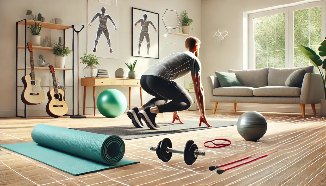 A home workout scene featuring a person performing a structured fitness program with bodyweight exercises like squats, push-ups, and lunges in a bright and modern space with a yoga mat, resistance bands, and dumbbells.