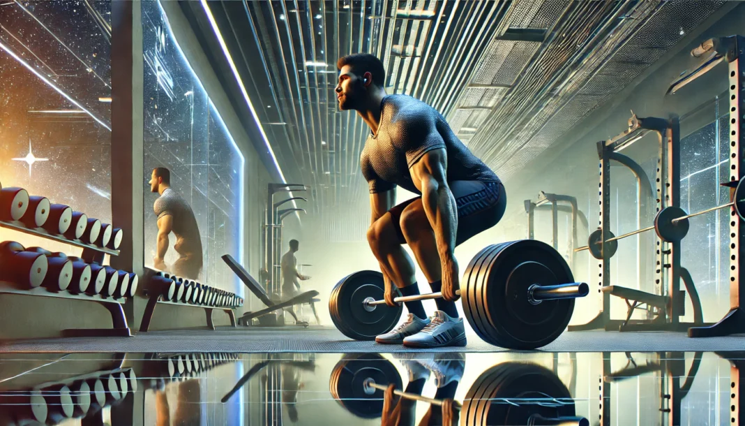 A fit man performing a heavy barbell deadlift in a modern gym, showcasing strength training. The background includes weight racks, mirrors, and bright lighting, emphasizing power and resistance workouts.