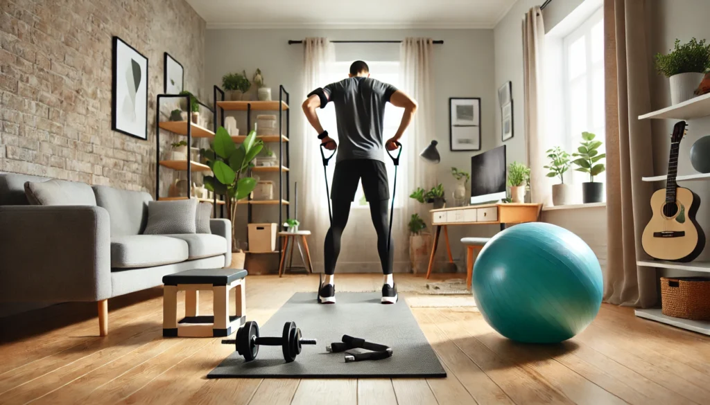 A full-body home fitness routine in a cozy living room, with a person using resistance bands, a stability ball, and dumbbells for strength and endurance training in a well-lit and organized space.