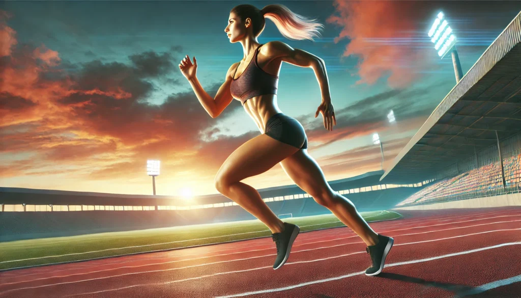 A fit woman running on a stadium track at sunrise, demonstrating endurance training. She maintains a focused expression mid-stride, with a vibrant sky in the background, highlighting cardiovascular fitness.