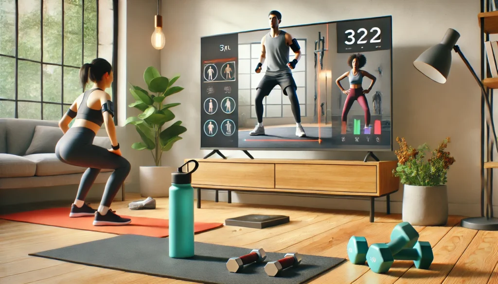 A home workout session featuring a person doing a guided fitness program with a virtual trainer on a screen, performing exercises like jumping jacks and squats in a modern space with a yoga mat, dumbbells, and a water bottle nearby.