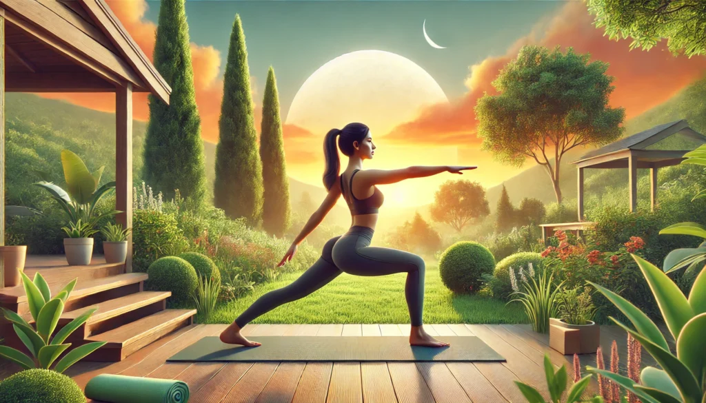 A fit woman practicing yoga in an outdoor setting, performing a warrior pose on a yoga mat surrounded by lush greenery and a sunset sky. The image emphasizes flexibility, mobility, and balance.