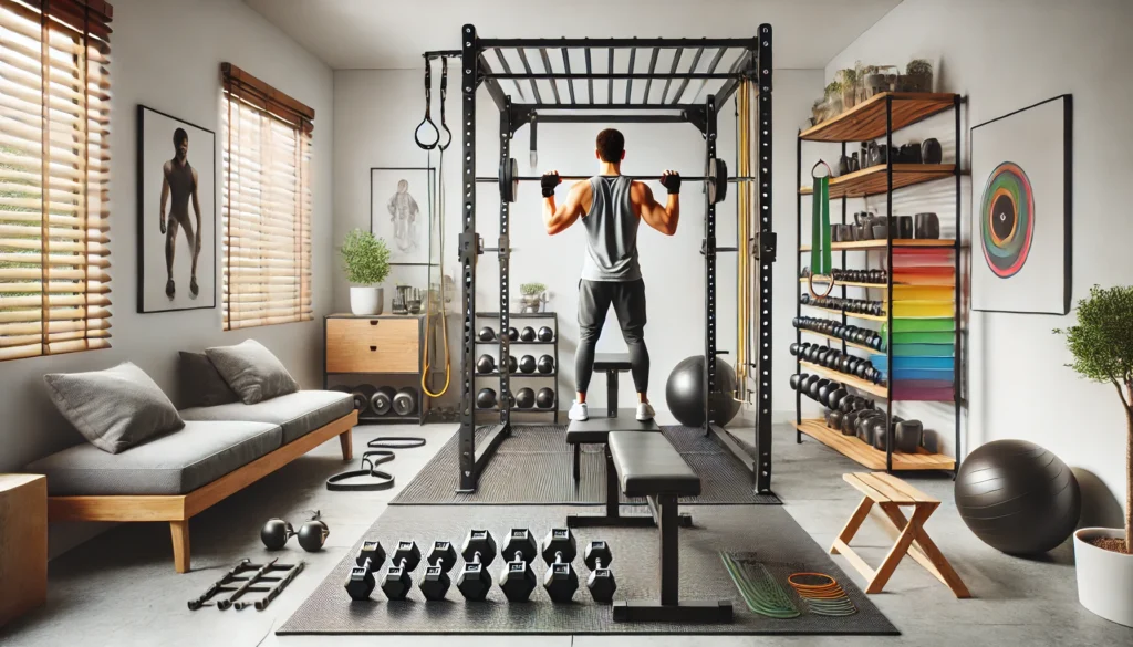 A home gym setup designed for a complete fitness program, featuring an individual performing strength training exercises with dumbbells, resistance bands, and a workout bench in a bright, organized space optimized for full-body workouts.