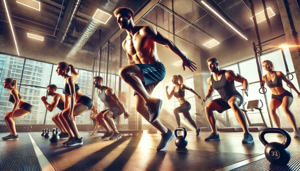 A group of athletes engaged in high-intensity interval training (HIIT) in a modern gym, performing explosive movements like burpees and kettlebell swings. The background features workout equipment and mirrors, highlighting full-body conditioning.