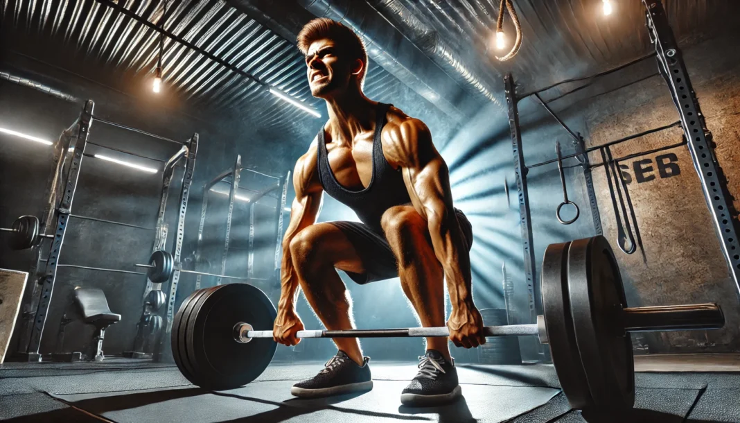 A high-performance athlete performing a heavy deadlift in a professional gym. The image captures muscular definition, a determined expression, and an intense, high-energy atmosphere.