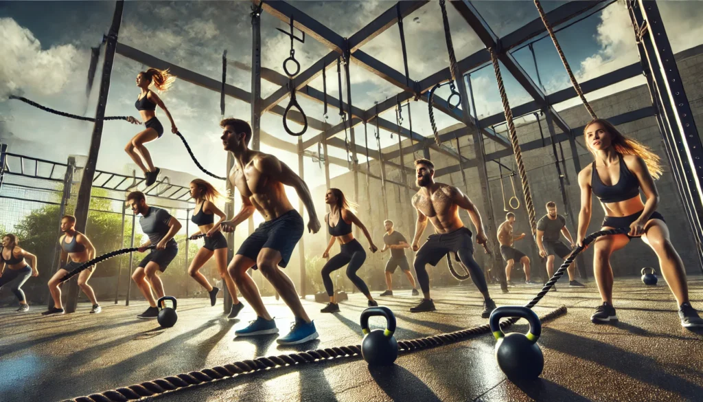 A group of athletes engaged in an outdoor functional fitness workout, featuring kettlebell swings, battle ropes, and bodyweight exercises. The scene highlights dynamic movement, teamwork, and peak performance.