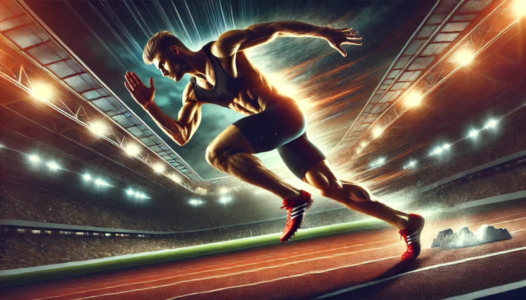 A professional sprinter mid-stride on a track, showcasing explosive speed and power. The motion blur effect emphasizes movement, with a stadium backdrop adding to the competitive energy.