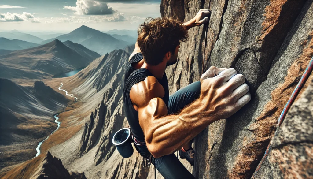 A rock climber scaling a rugged cliffside, demonstrating grip strength and endurance. The climber’s tense muscles and breathtaking mountain scenery emphasize determination and extreme sports performance.