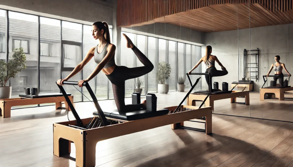 A woman performing Pilates toning exercises on a reformer machine in a sleek, modern studio. She is engaging her core and legs while maintaining balance, surrounded by wooden floors, large windows, and a bright, clean environment.