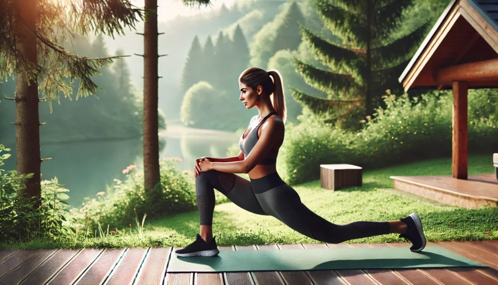 A fit woman executing a deep lunge stretch in a tranquil outdoor park. She demonstrates muscle toning and flexibility in a lush green setting with soft morning light, creating a peaceful and refreshing fitness atmosphere.