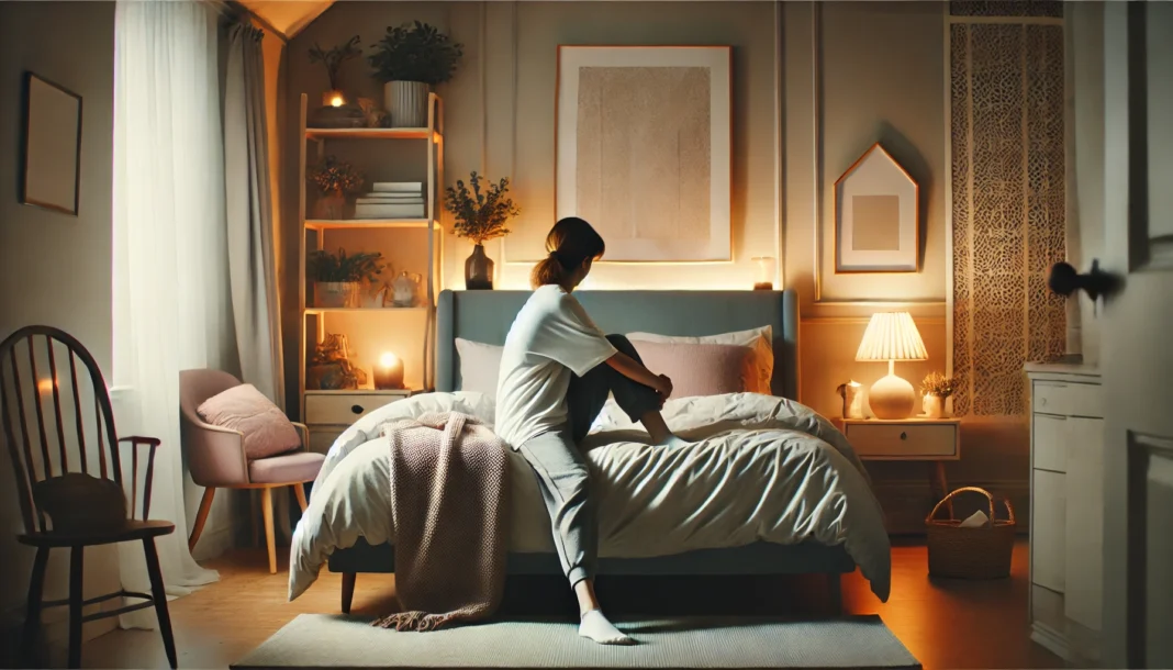 A person lying on a bed performing a gentle knee-to-chest stretch in a cozy bedroom with soft lighting and plush pillows, creating a calm and relaxing atmosphere.